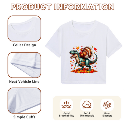T?Rex Dinosaur With Turkey On Back Thanksgiving Crop Top