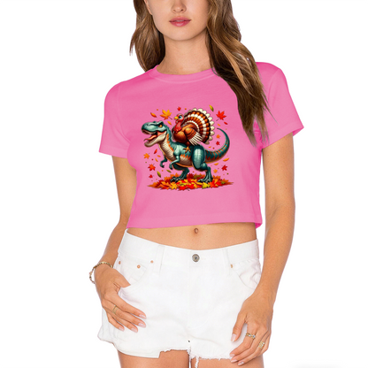 T?Rex Dinosaur With Turkey On Back Thanksgiving Crop Top