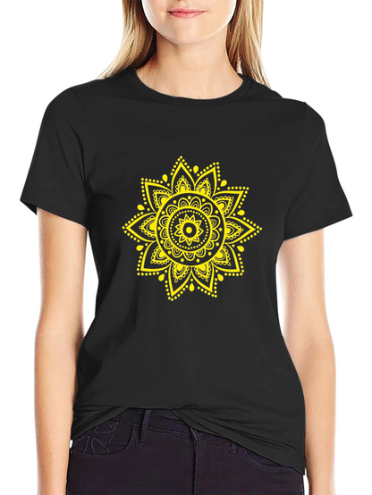 Mens Black T-Shirt with Yellow Mandala Design