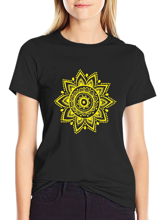 Mens Black T-Shirt with Yellow Mandala Design