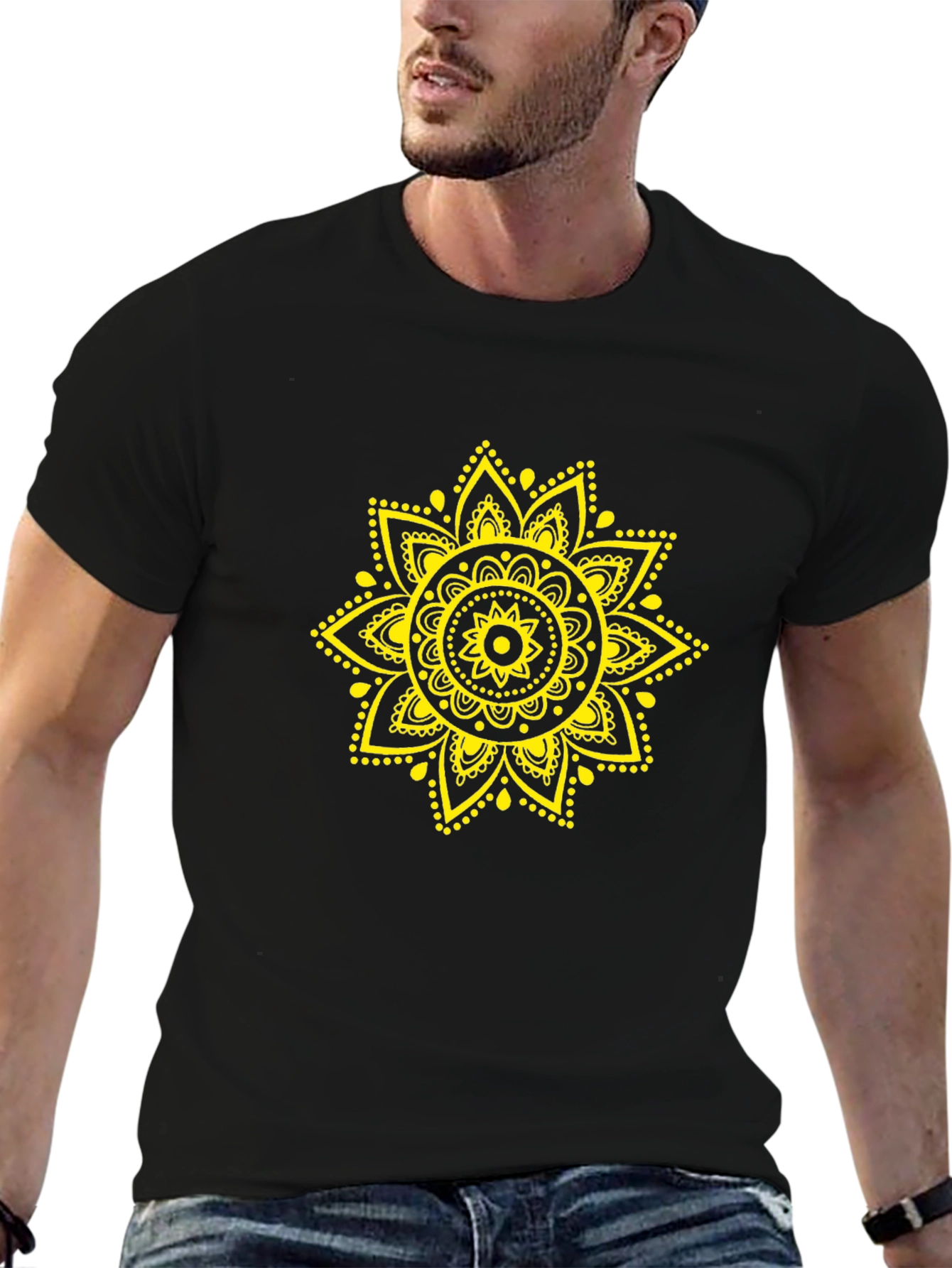 Mens Black T-Shirt with Yellow Mandala Design