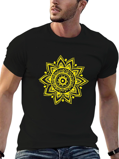 Mens Black T-Shirt with Yellow Mandala Design