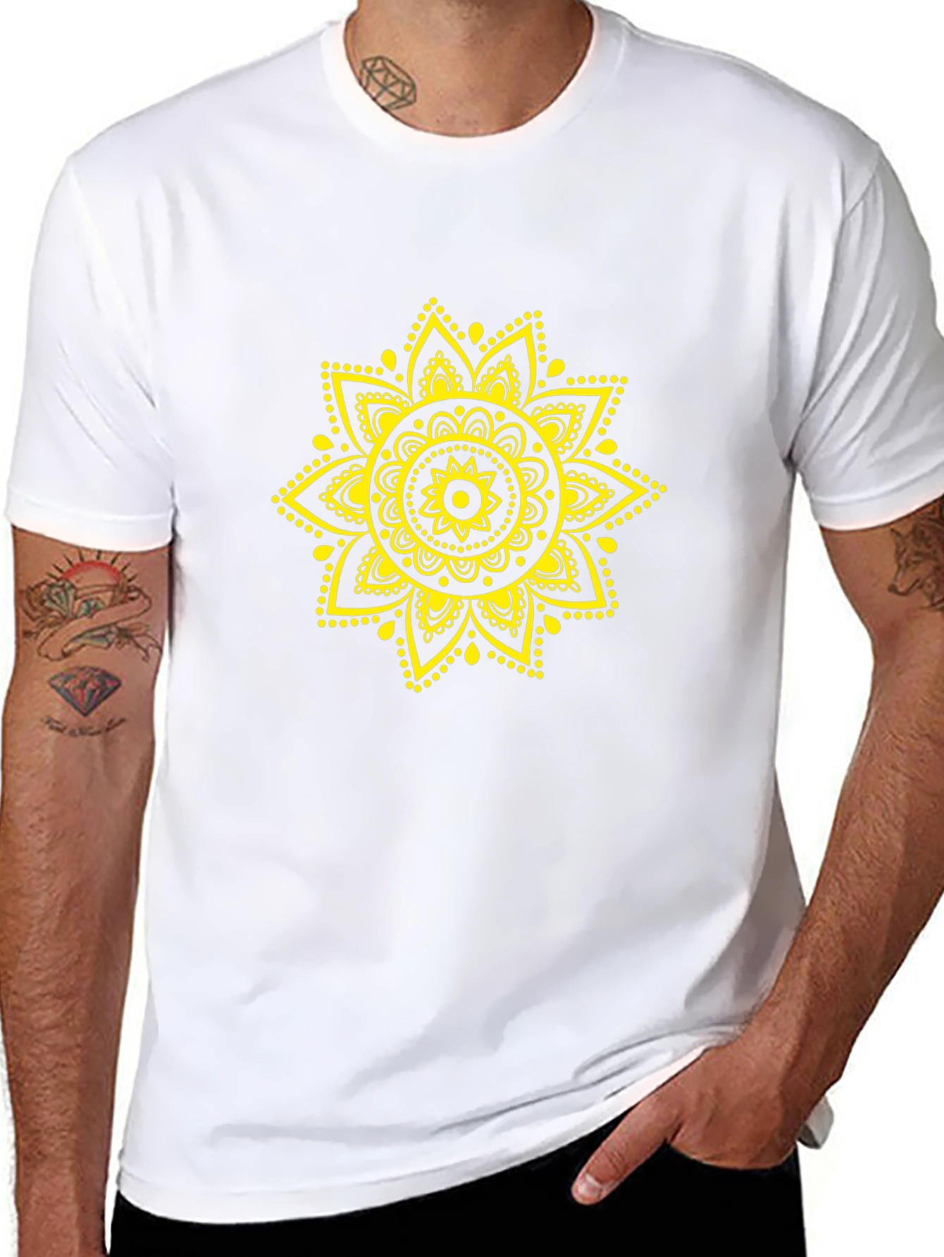 Mens Black T-Shirt with Yellow Mandala Design