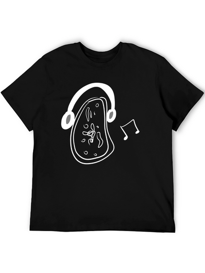 Melting Clock Headphones Graphic Tee - Black Cotton Shirt