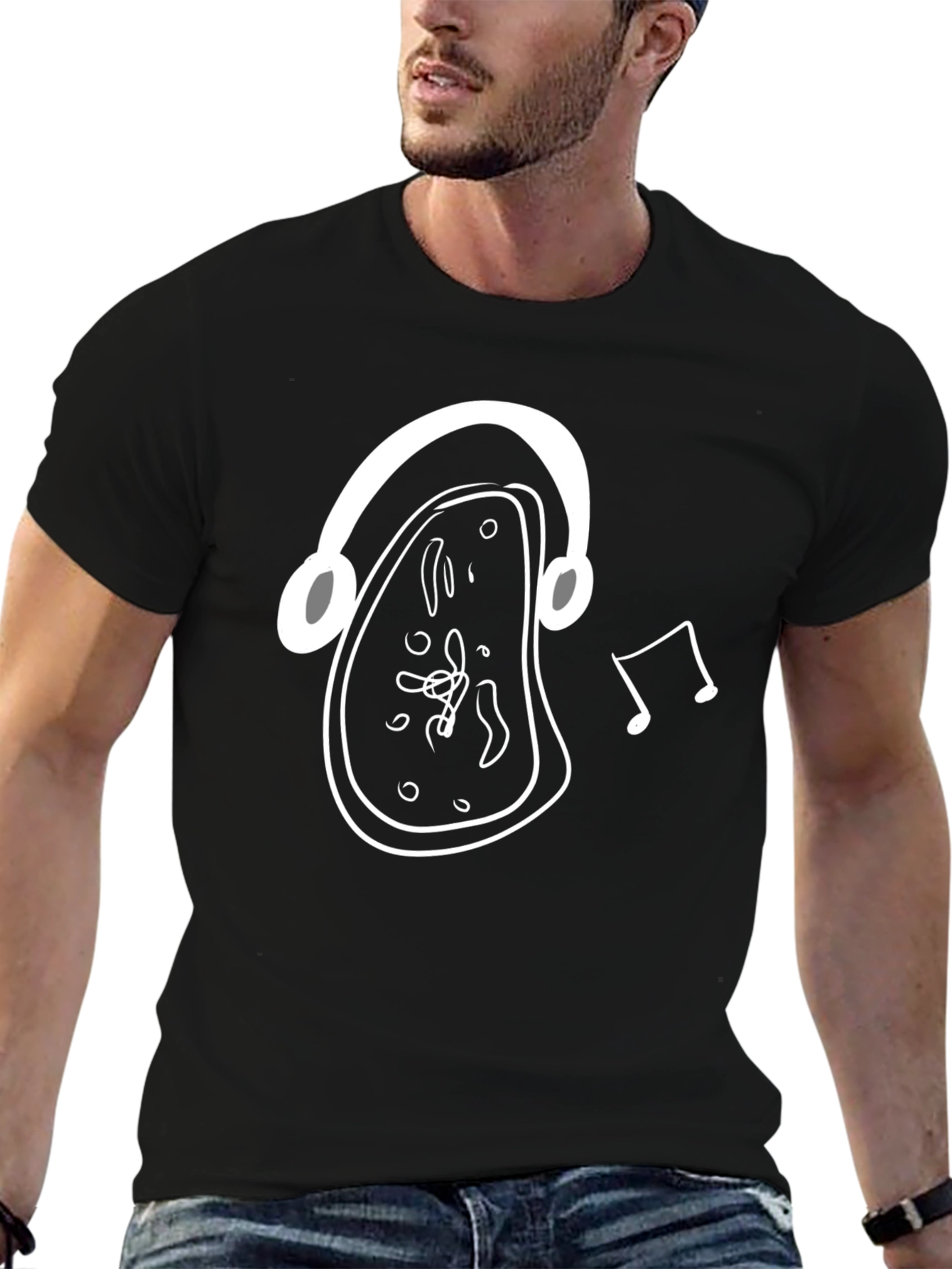Melting Clock Headphones Graphic Tee - Black Cotton Shirt
