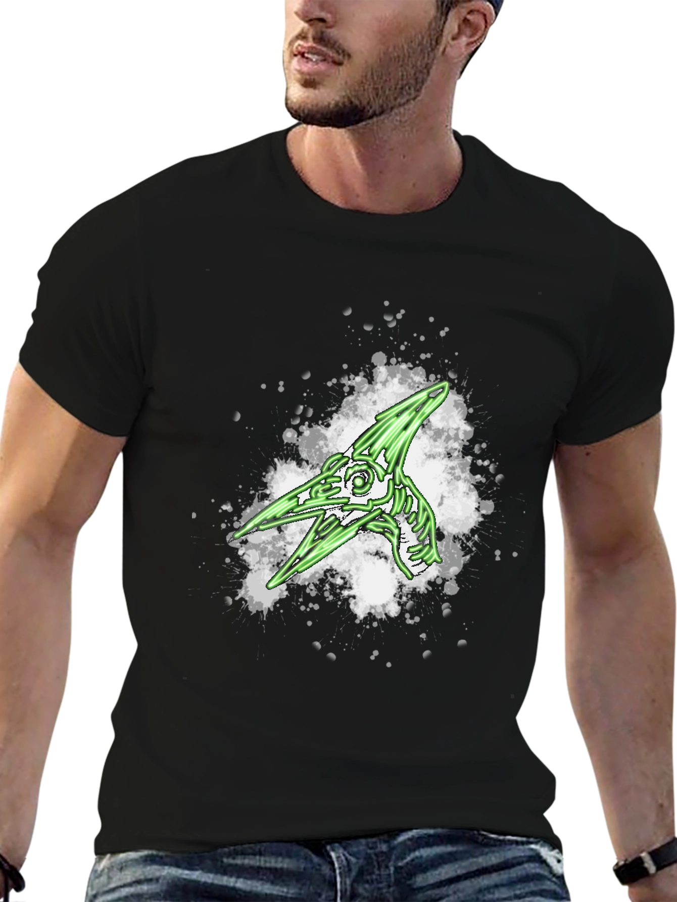 Green Pterodactyl Skeleton Graphic Black T-Shirt