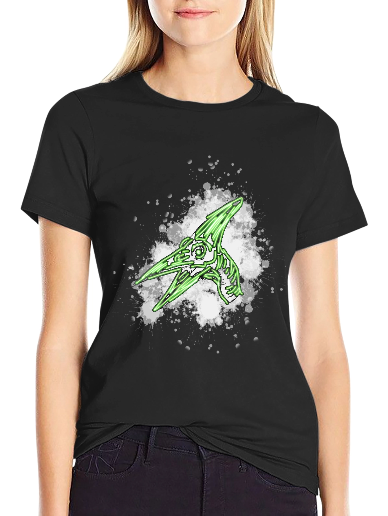 Green Pterodactyl Skeleton Graphic Black T-Shirt