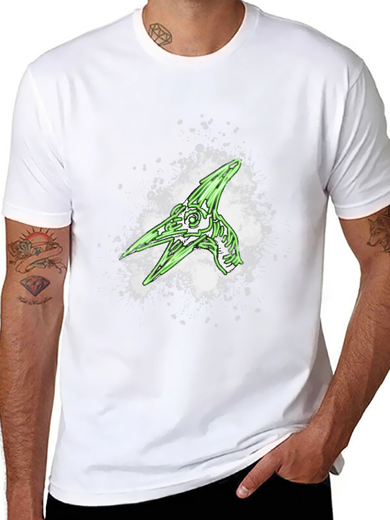Green Pterodactyl Skeleton Graphic Black T-Shirt