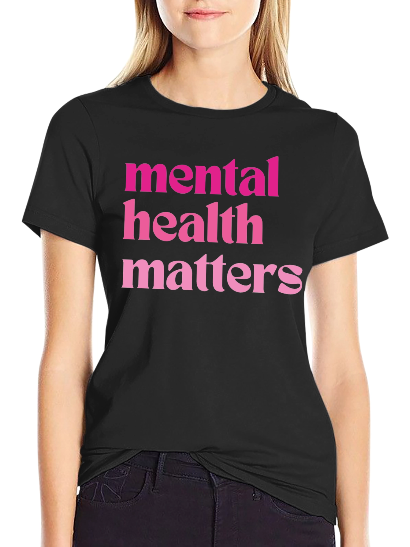 Mental Health Matters Pink Text Black T-Shirt