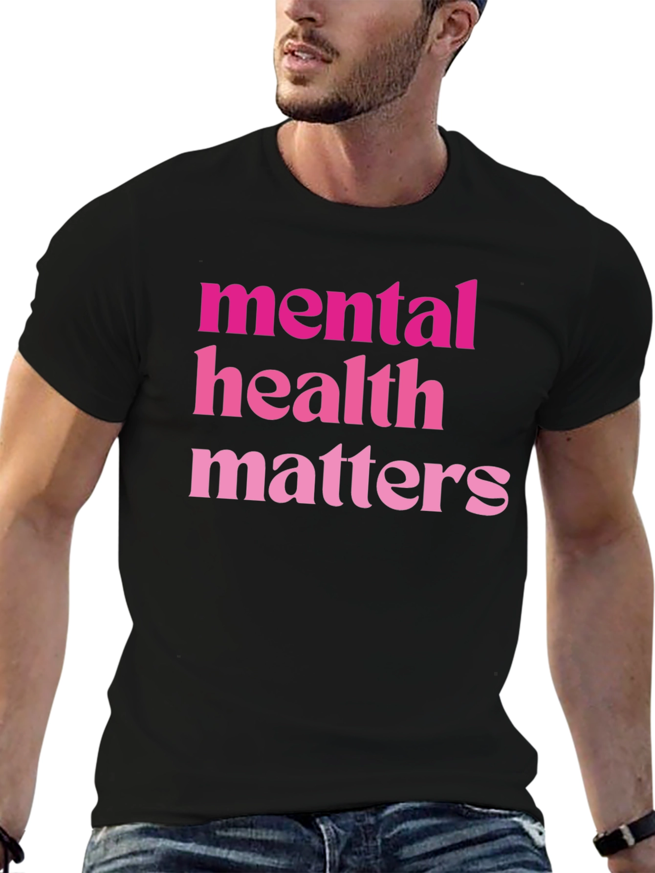 Mental Health Matters Pink Text Black T-Shirt