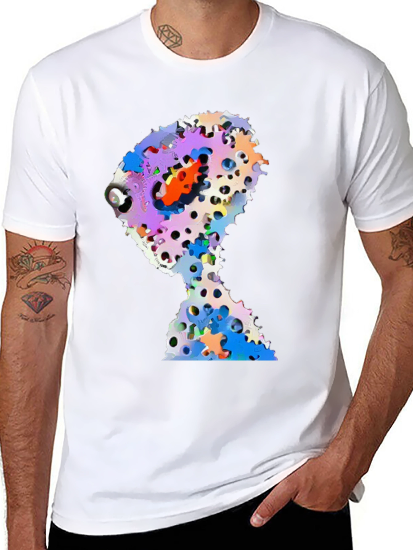 Abstract Gears Head Graphic Black Tee Shirt