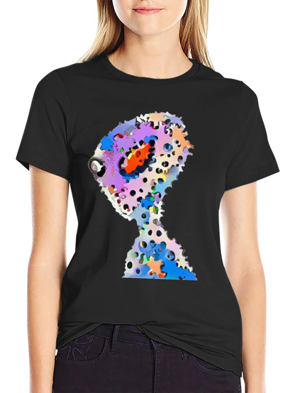 Abstract Gears Head Graphic Black Tee Shirt
