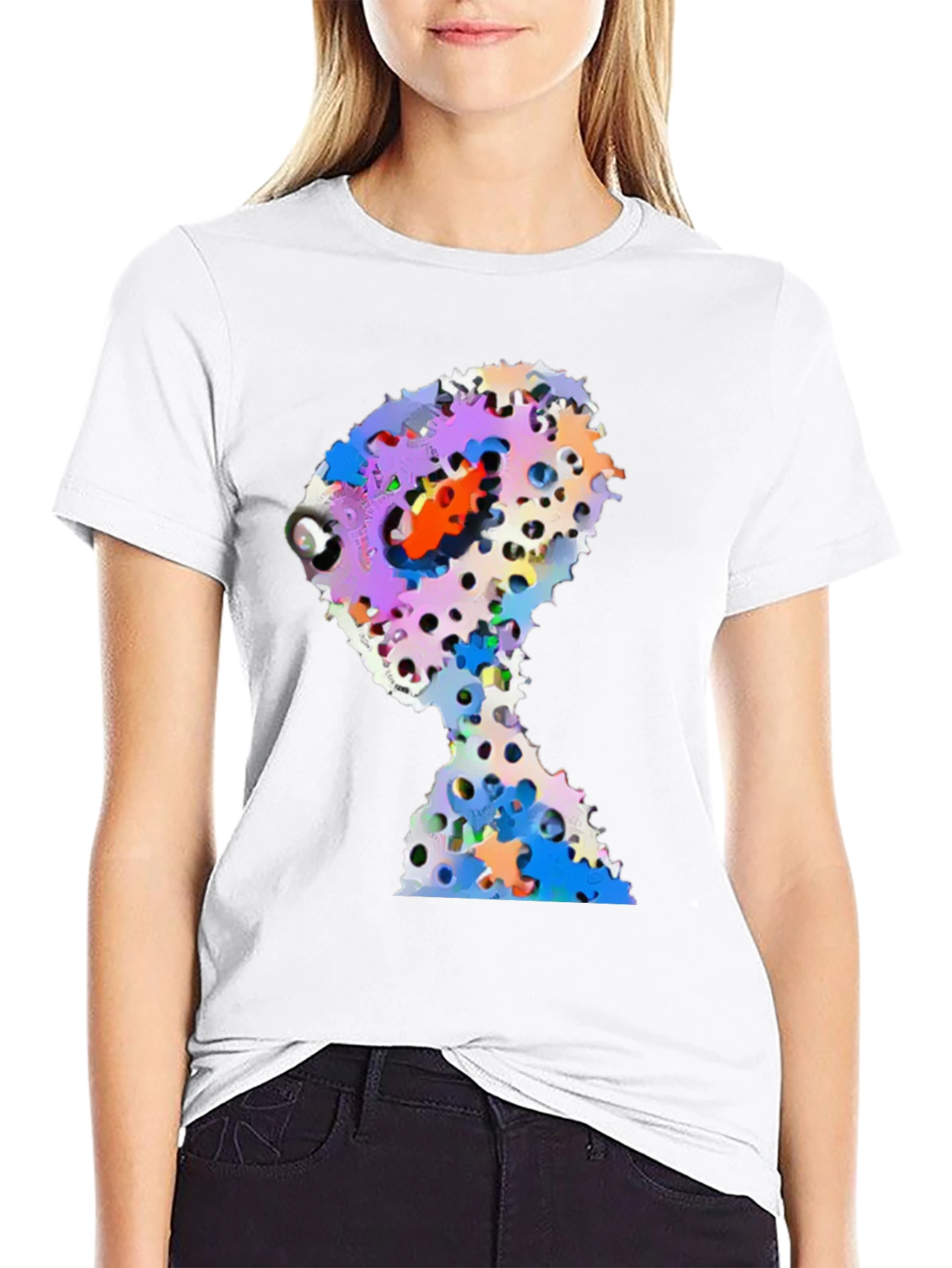 Abstract Gears Head Graphic Black Tee Shirt