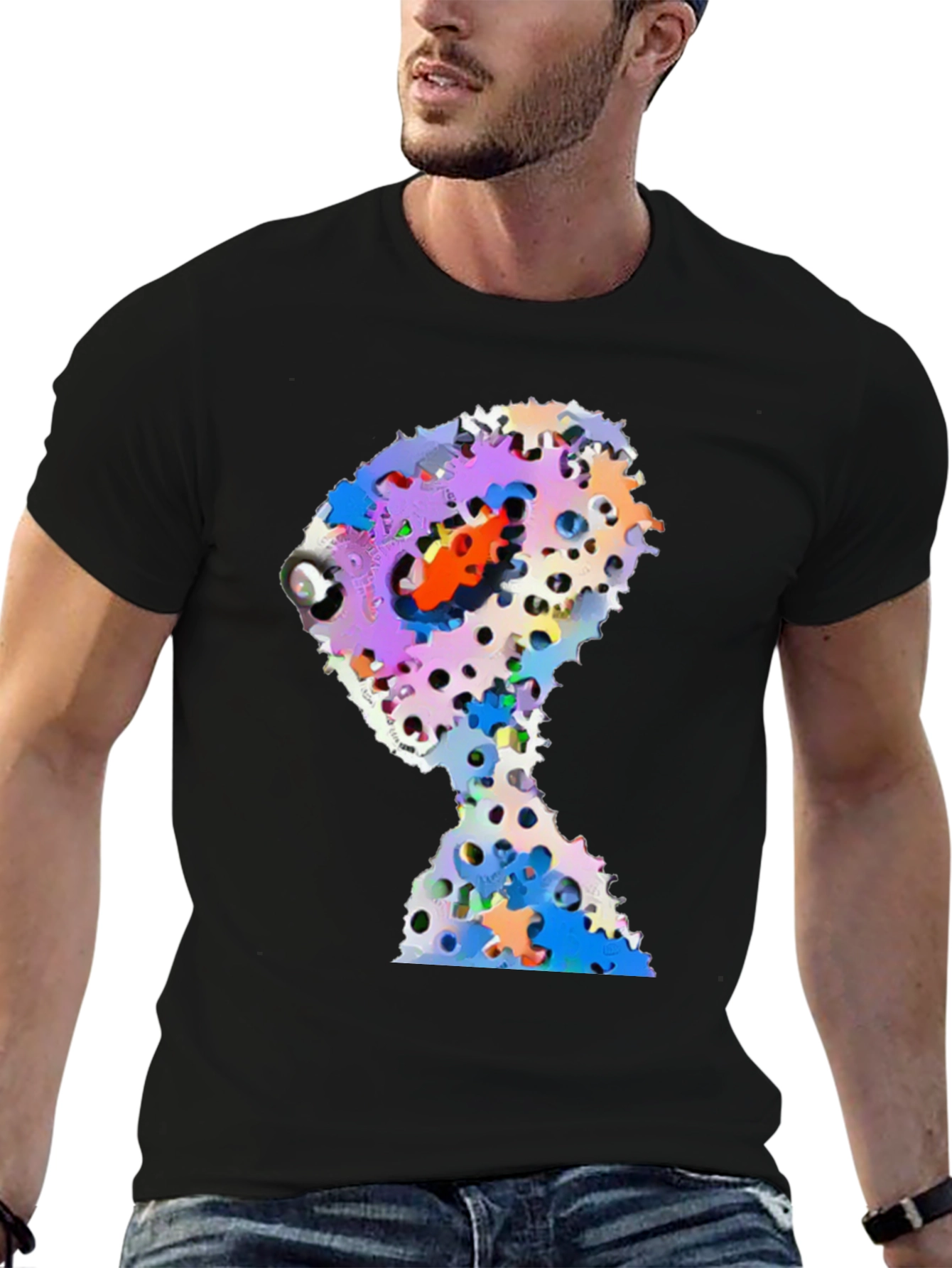 Abstract Gears Head Graphic Black Tee Shirt