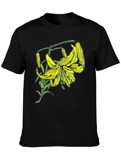 Floral Lily Graphic Tee - Black Cotton T-Shirt
