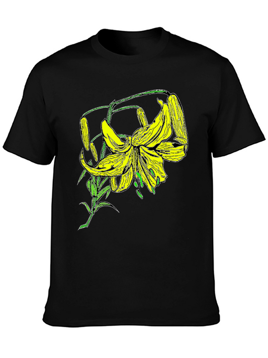 Floral Lily Graphic Tee - Black Cotton T-Shirt