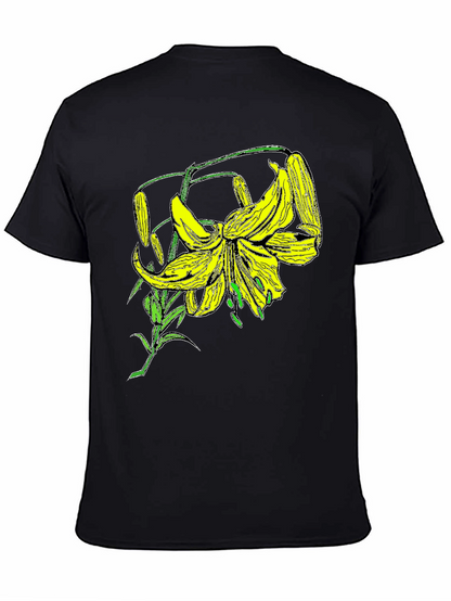 Floral Lily Graphic Tee - Black Cotton T-Shirt