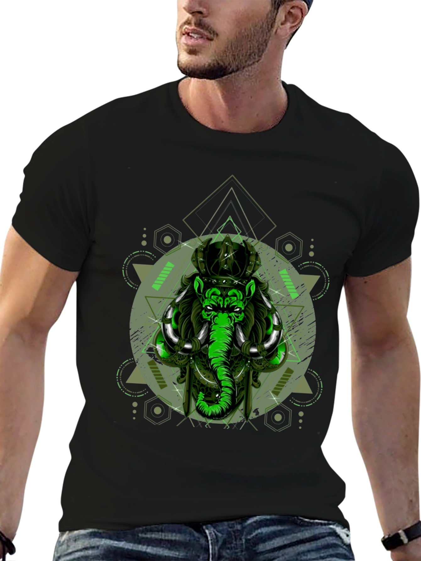Geometric Elephant Graphic Print Black T-Shirt