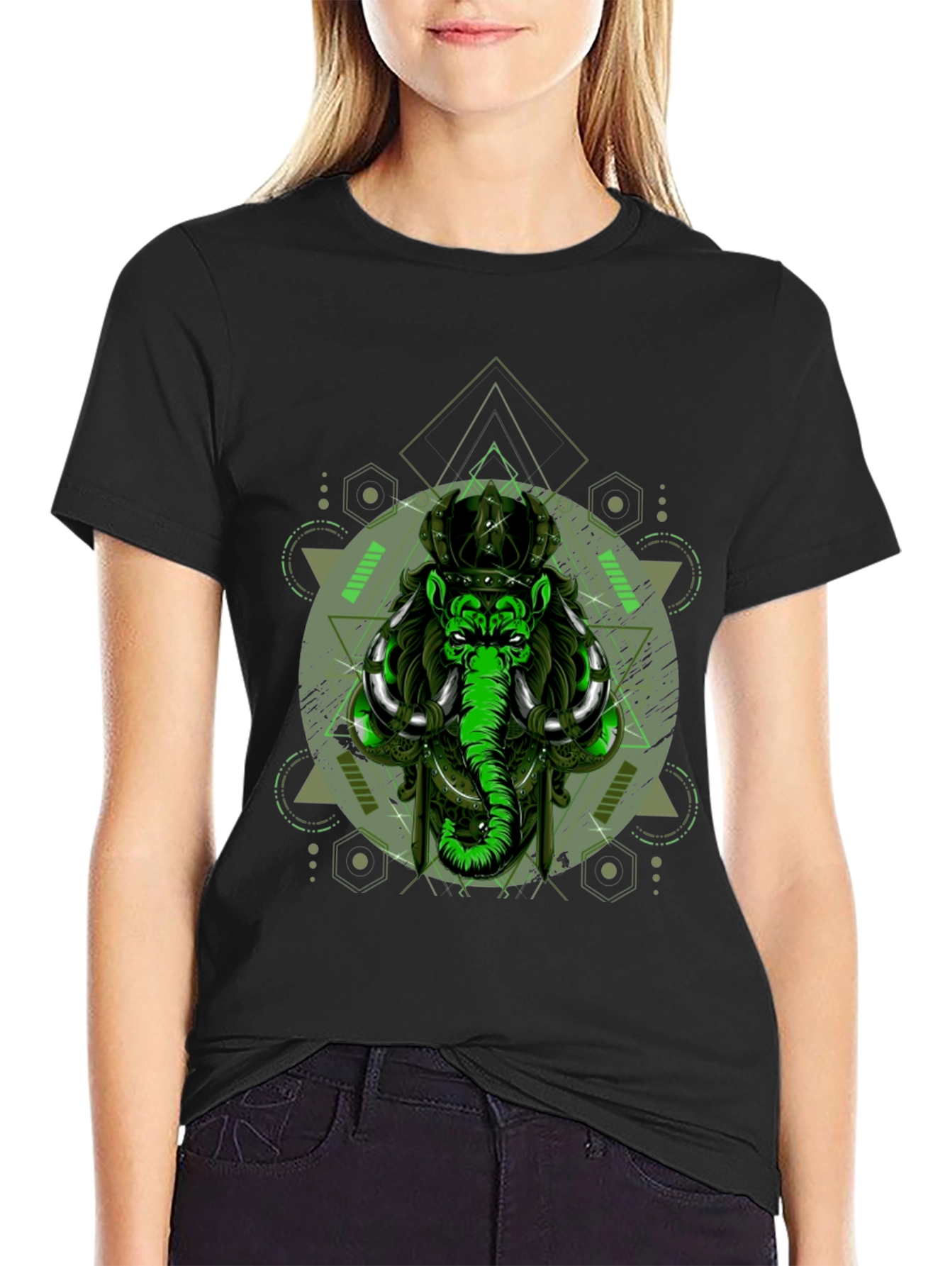 Geometric Elephant Graphic Print Black T-Shirt