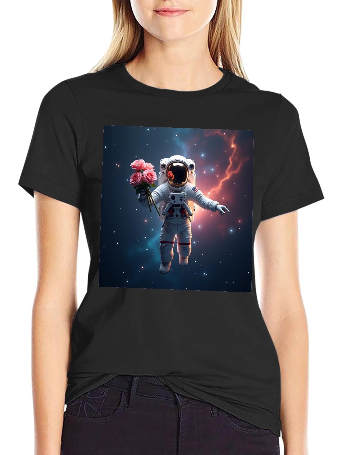 Astronaut in Space T-Shirt - Floral Cosmic Design