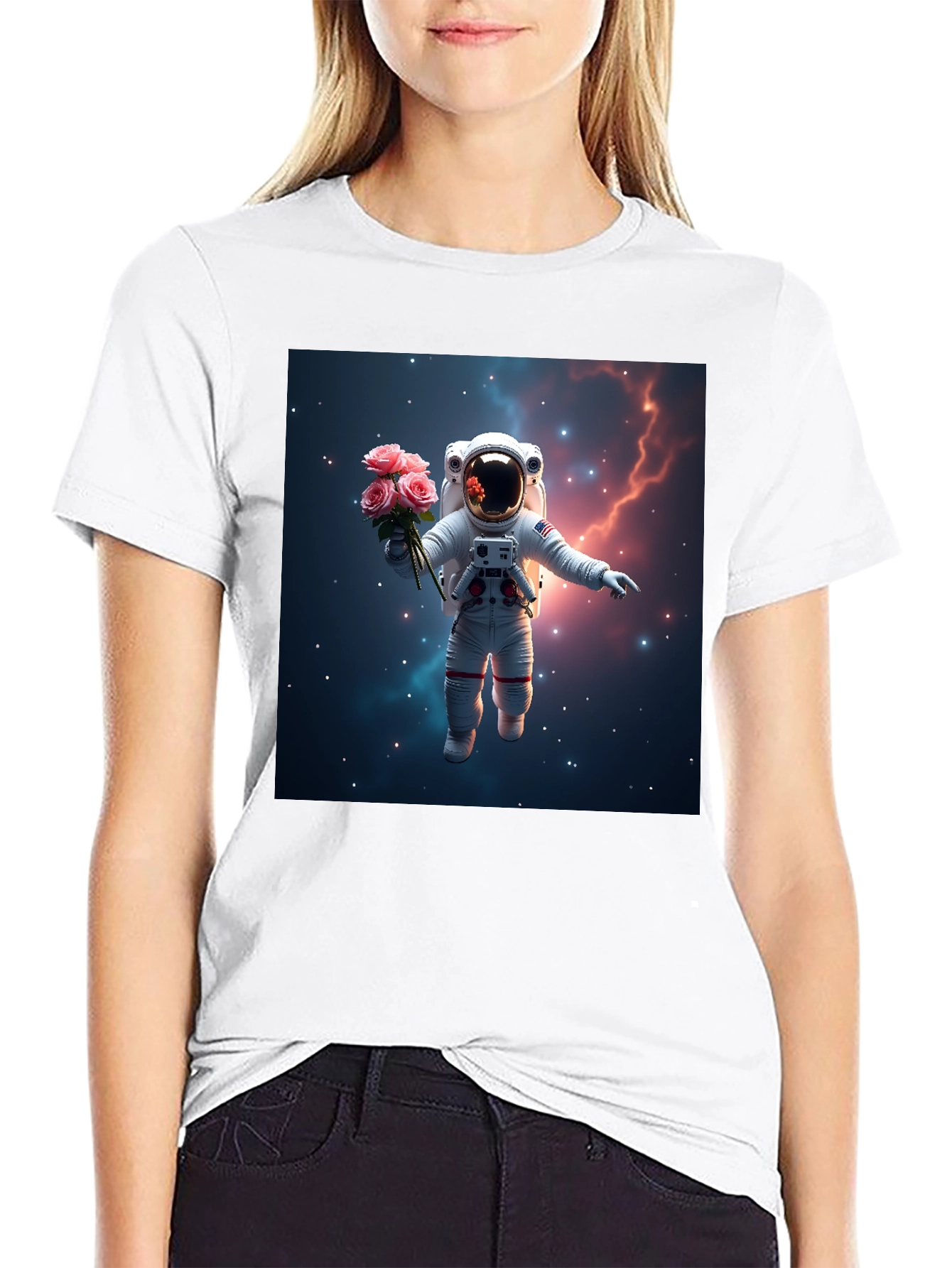 Astronaut in Space T-Shirt - Floral Cosmic Design