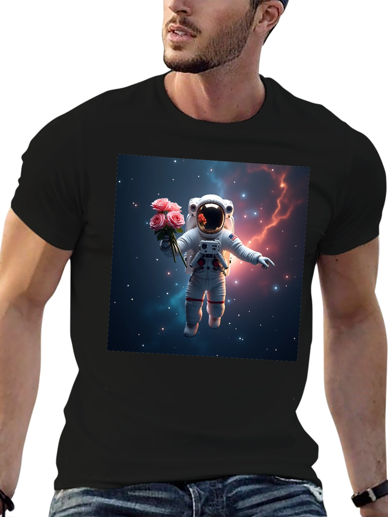 Astronaut in Space T-Shirt - Floral Cosmic Design