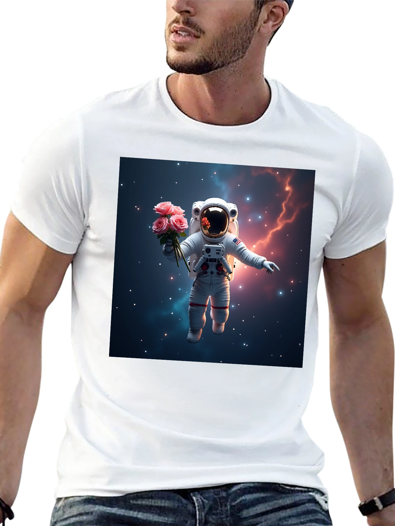 Astronaut in Space T-Shirt - Floral Cosmic Design