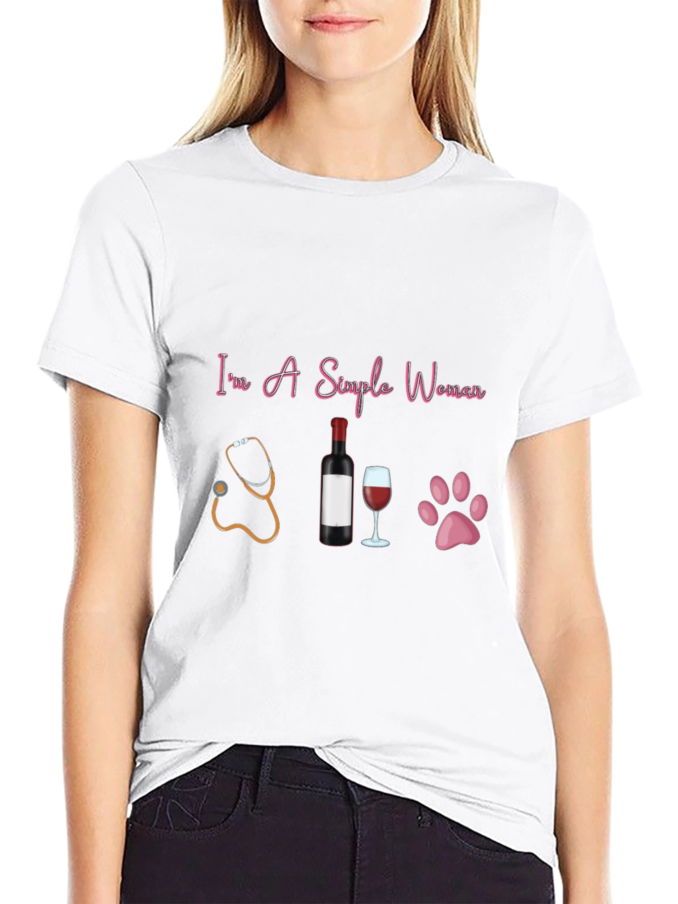 Simple Woman T-Shirt: Stethoscope Wine & Paws