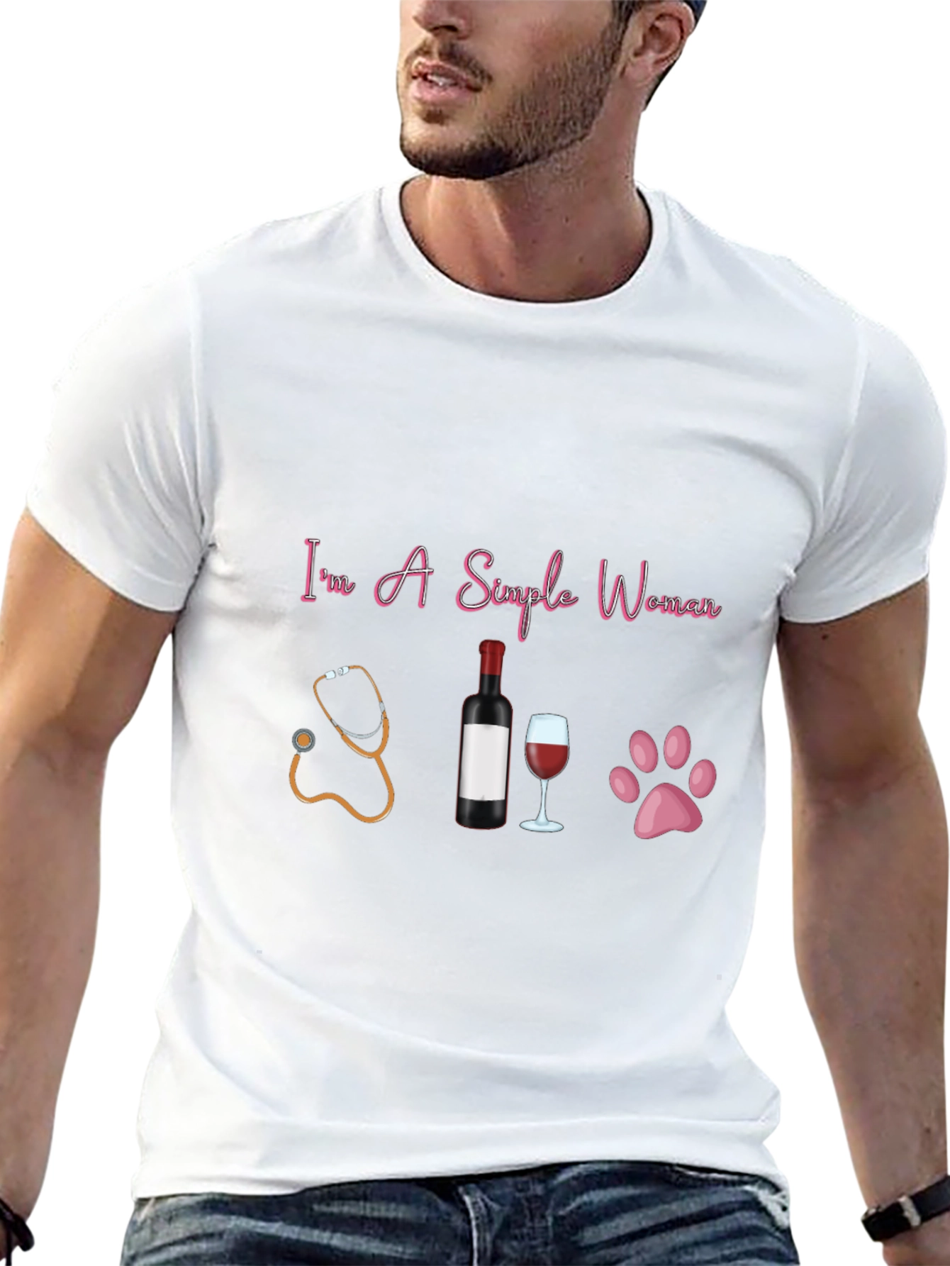 Simple Woman T-Shirt: Stethoscope Wine & Paws