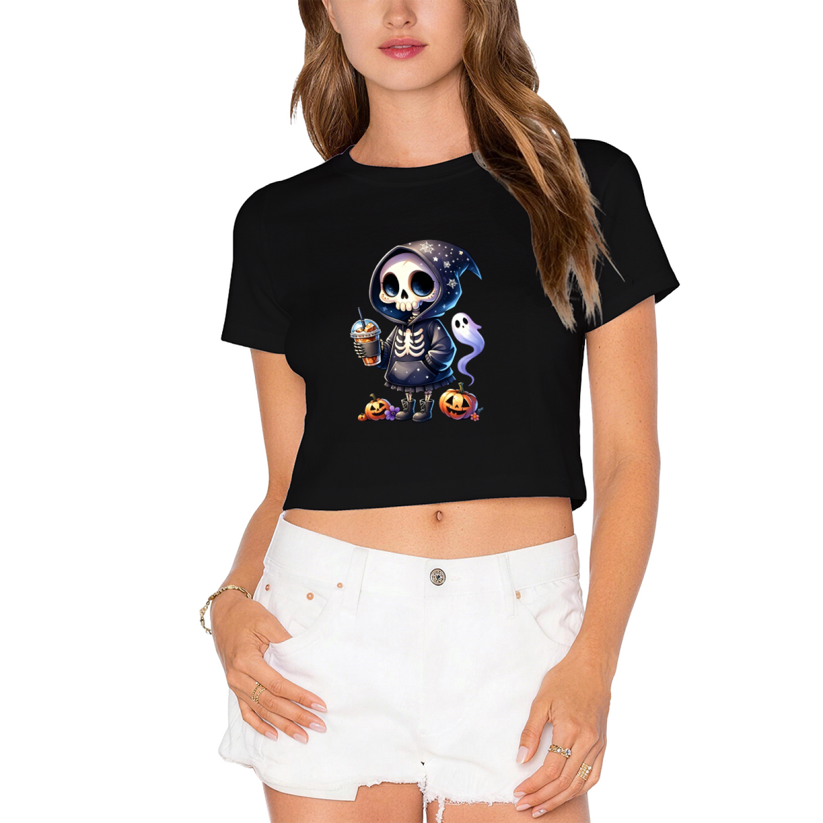 Cool Skeleton Skull Iced Coffee Halloween Crop Top