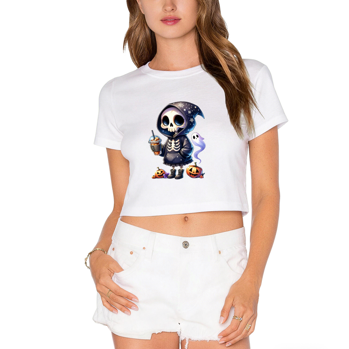 Cool Skeleton Skull Iced Coffee Halloween Crop Top
