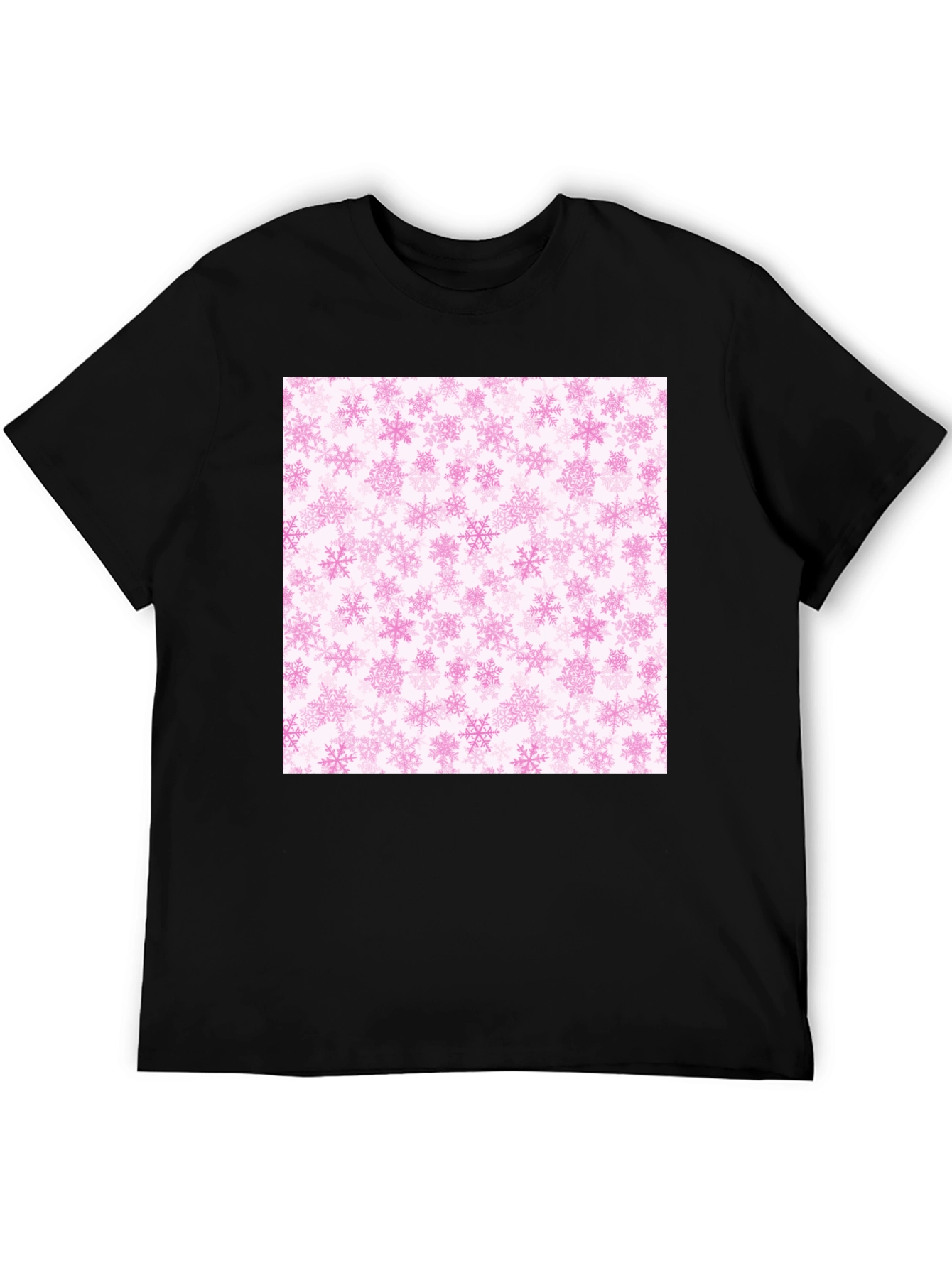 Pink Snowflakes Pattern Black T-Shirt