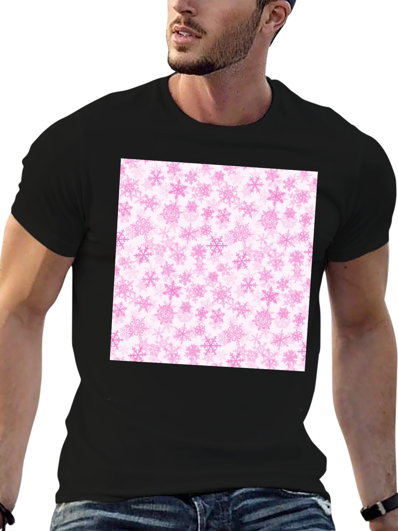 Pink Snowflakes Pattern Black T-Shirt