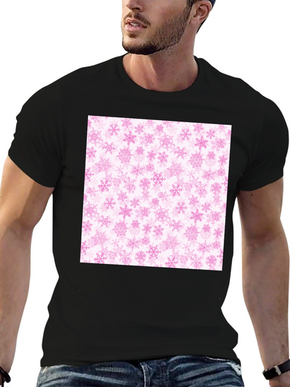 Pink Snowflakes Pattern Black T-Shirt