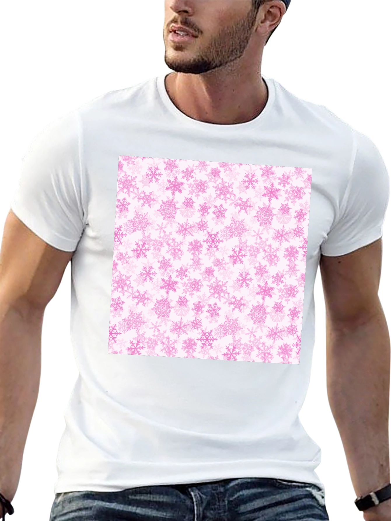 Pink Snowflakes Pattern Black T-Shirt