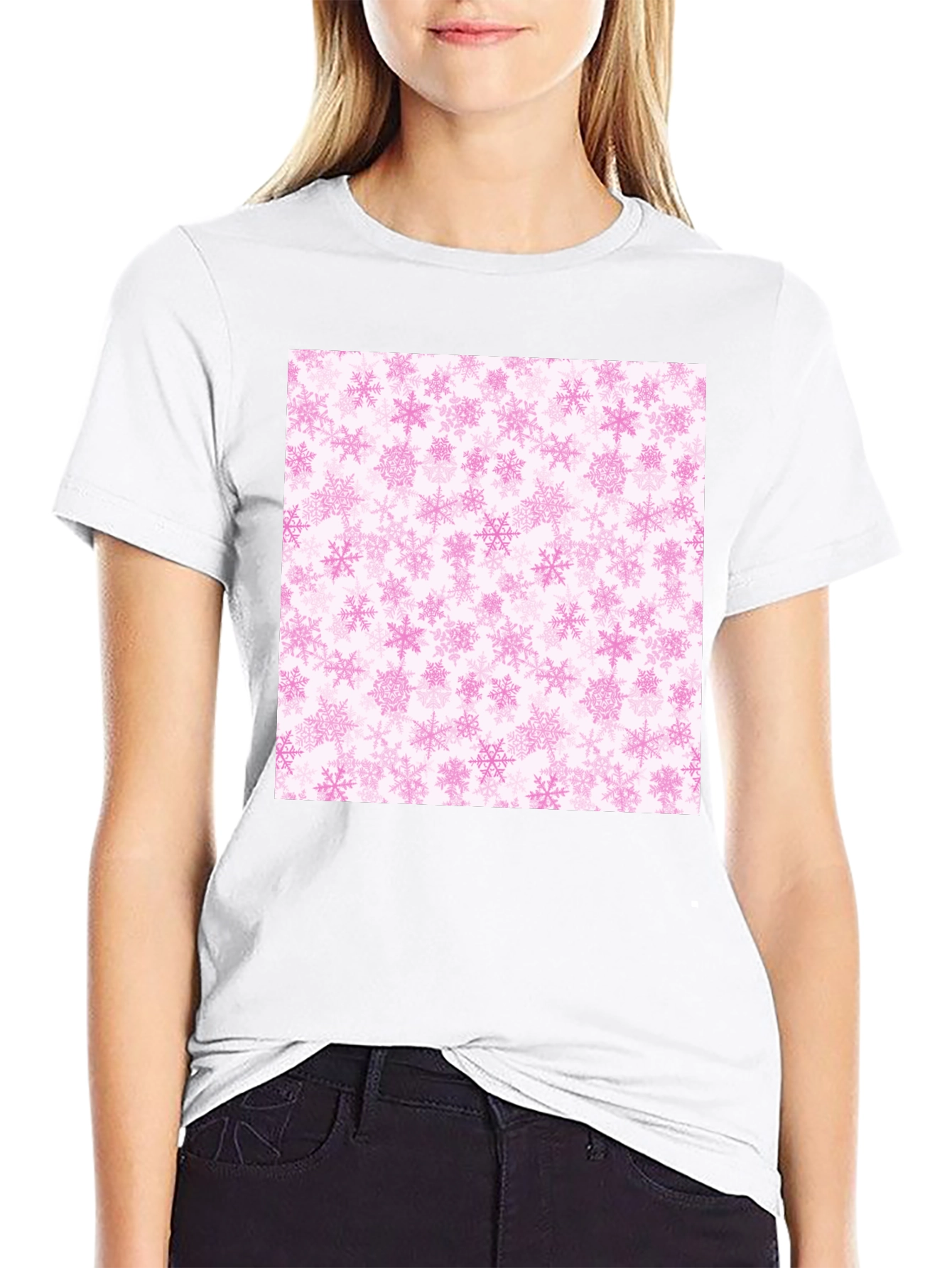 Pink Snowflakes Pattern Black T-Shirt