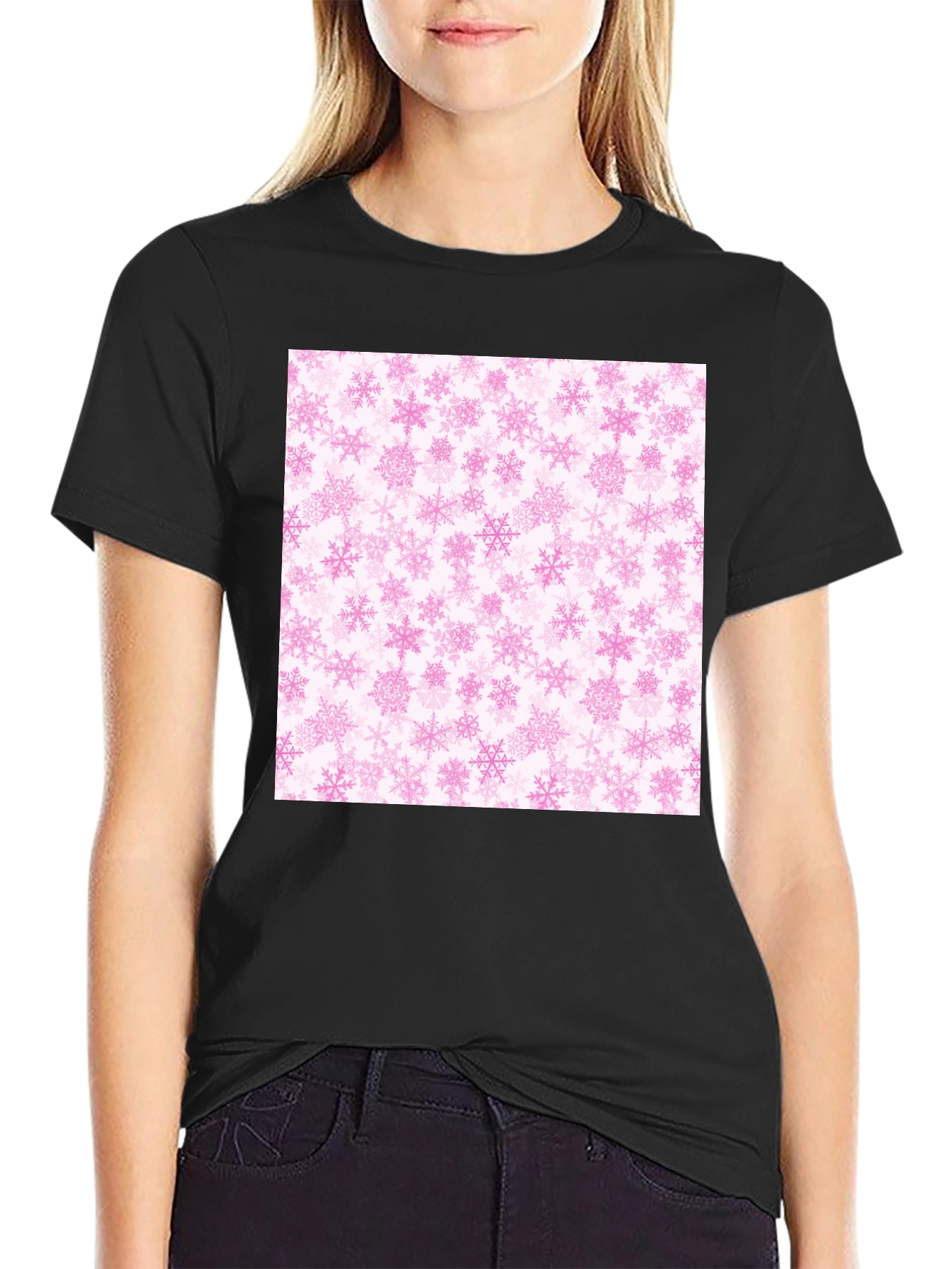 Pink Snowflakes Pattern Black T-Shirt