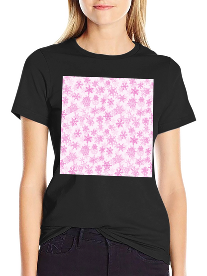 Pink Snowflakes Pattern Black T-Shirt