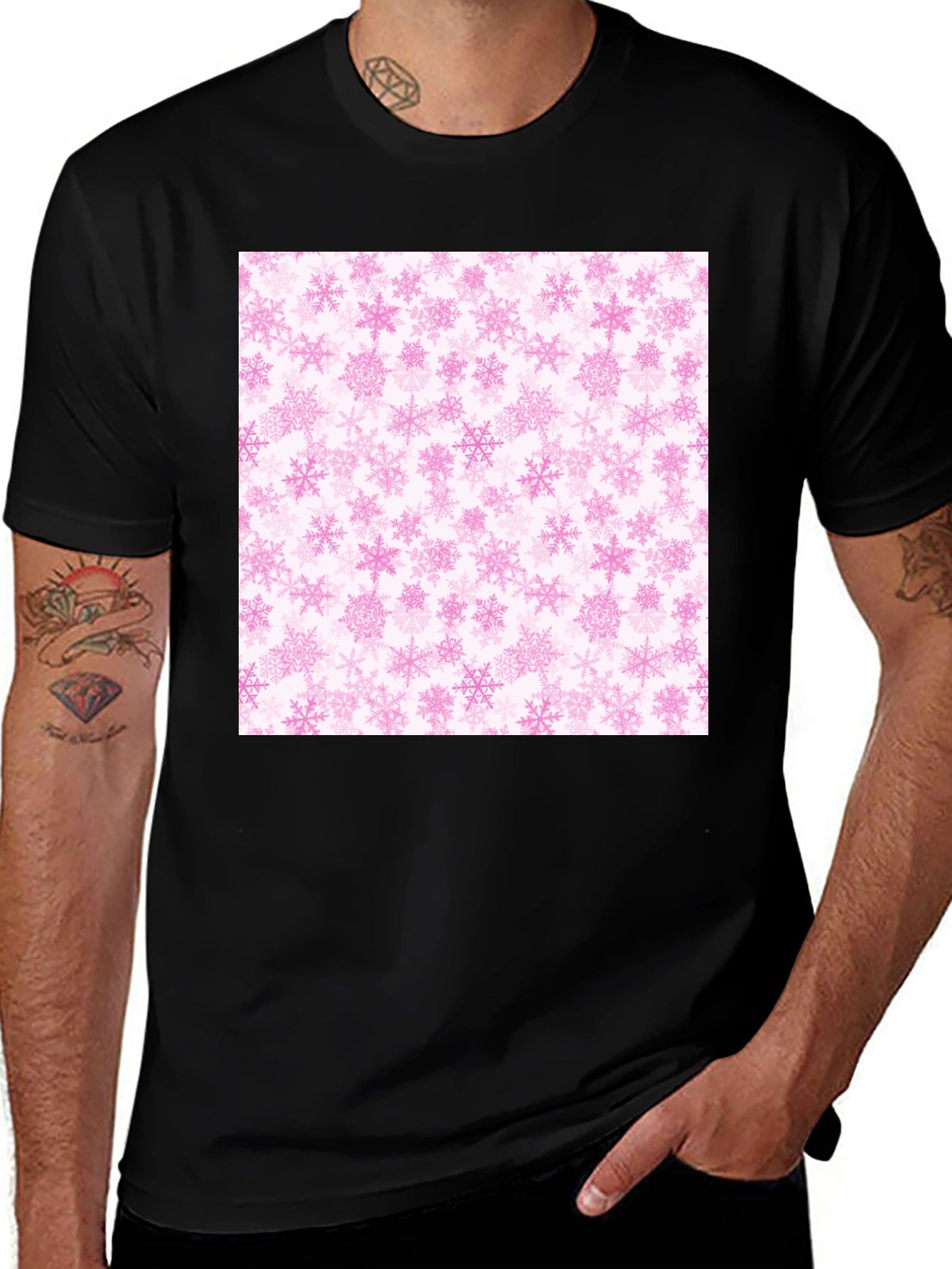 Pink Snowflakes Pattern Black T-Shirt