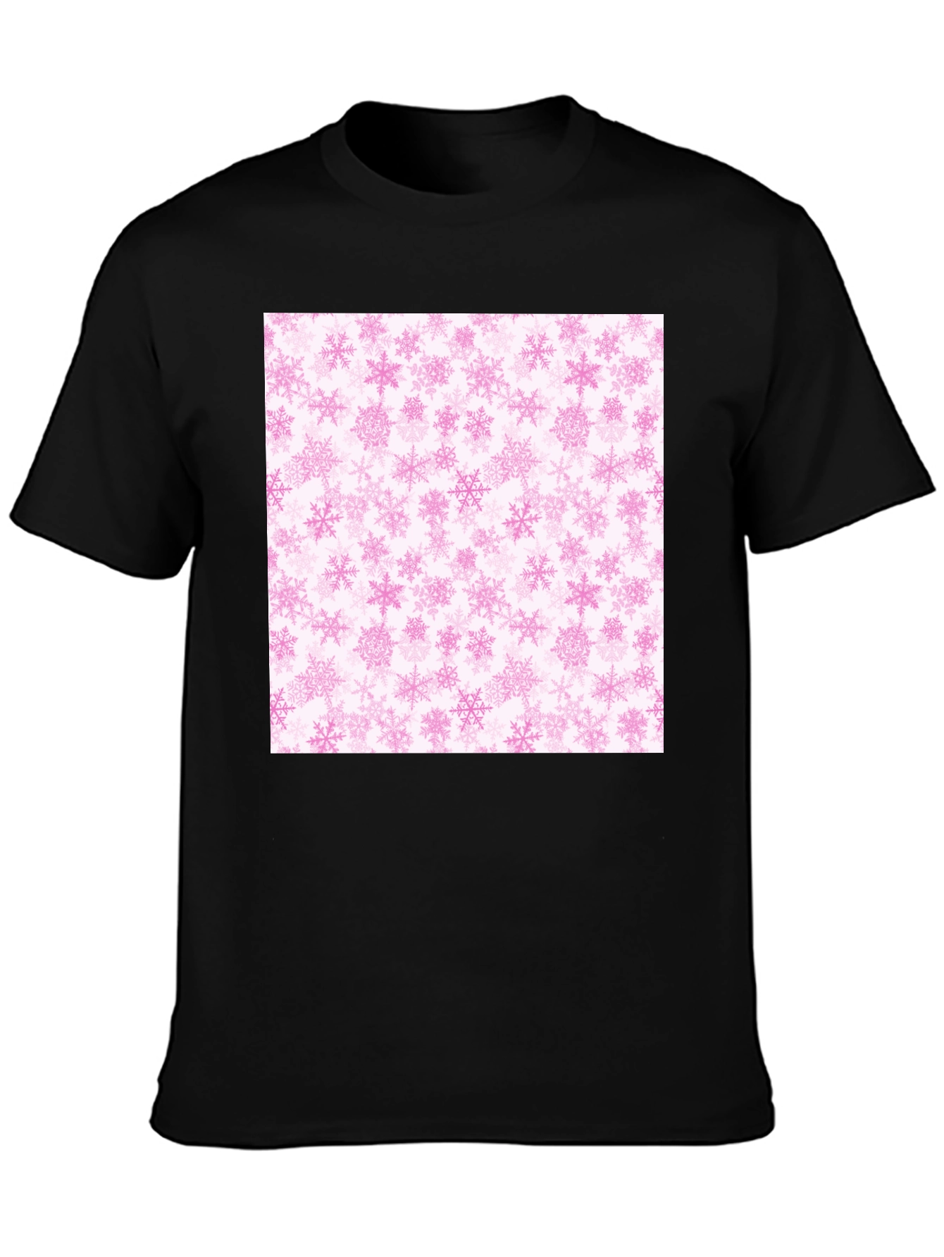 Pink Snowflakes Pattern Black T-Shirt