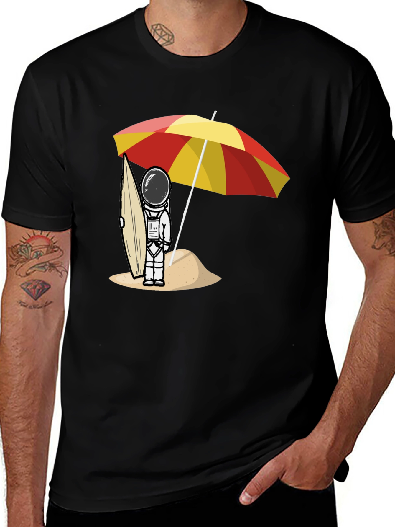 Astronaut Beach T-Shirt - Relaxed Fit Black Cotton Tee