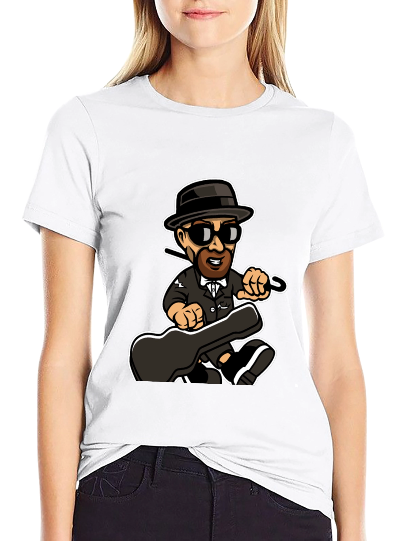 Cartoon Music Man T-Shirt Black Cotton