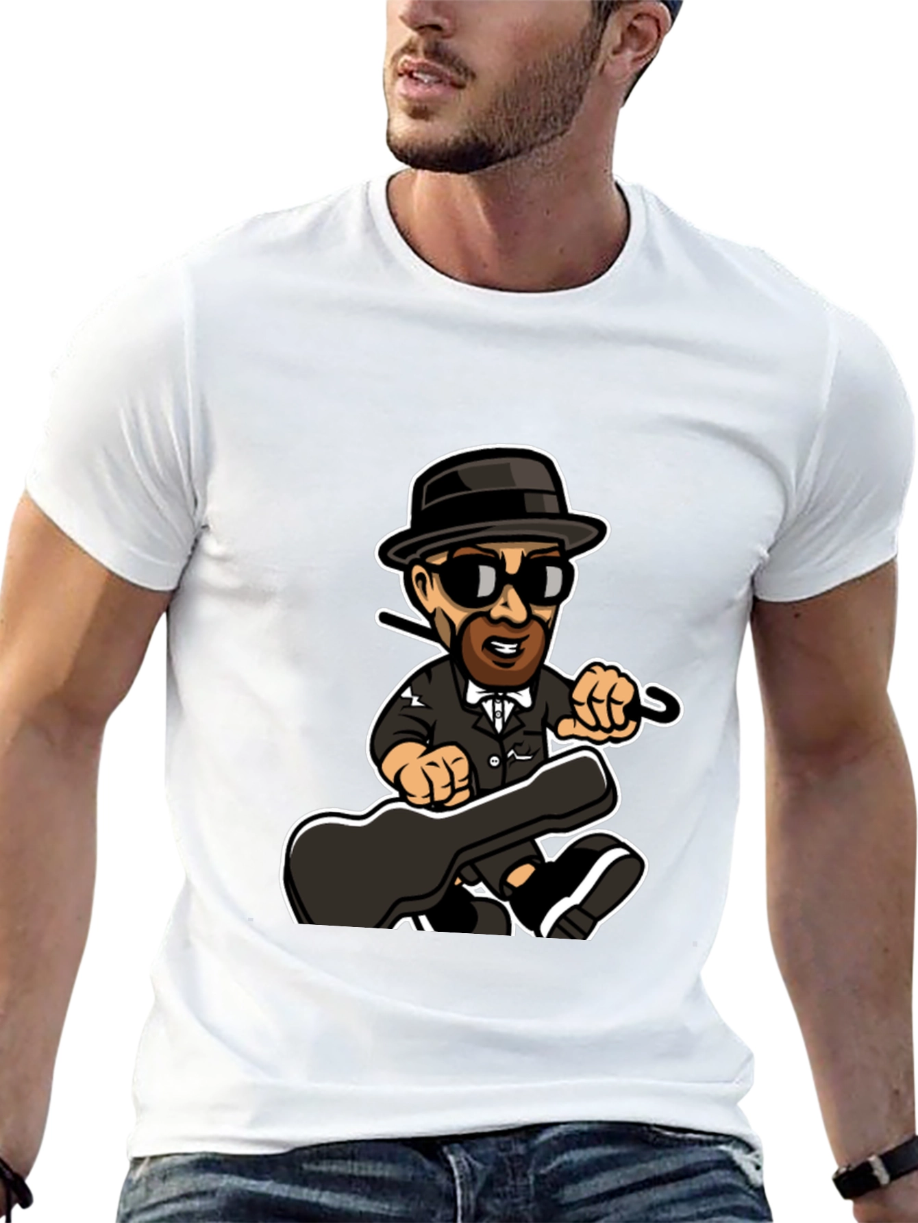 Cartoon Music Man T-Shirt Black Cotton
