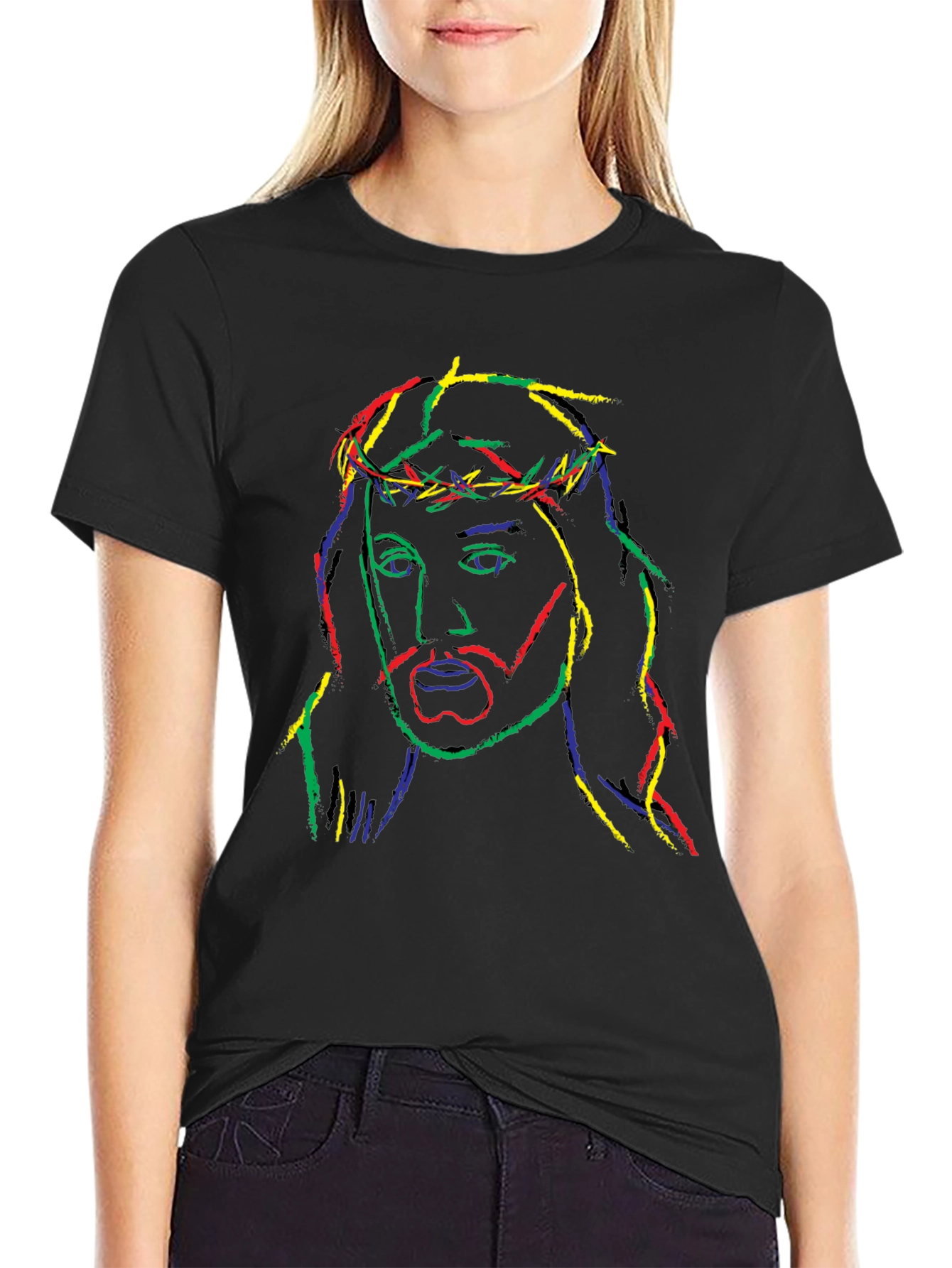 Neon Jesus Graphic Tee - Black Cotton Blend T-Shirt