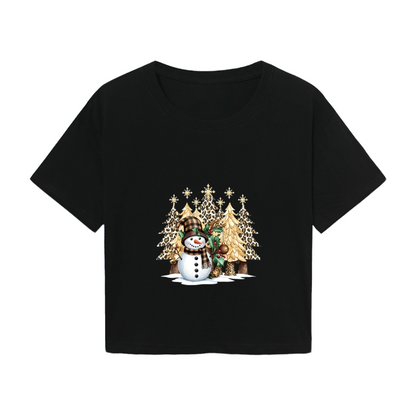 Leopard Print Snowman Christmas Winter Crop Top
