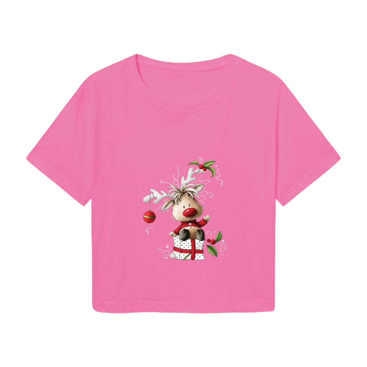 Cute Christmas Reindeer Gift Box Holiday Crop Tee