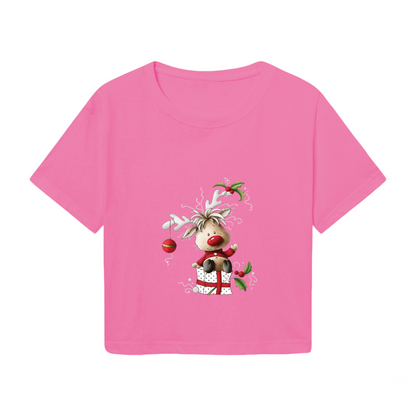 Cute Christmas Reindeer Gift Box Holiday Crop Tee