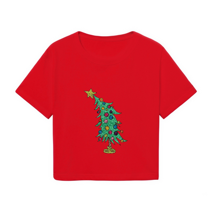 Vintage Glitter Christmas Tree Holiday Vibe Crop Top