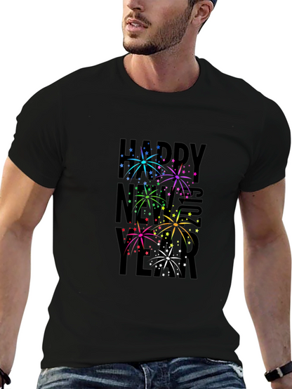 Festive New Year Fireworks Graphic Tee - Black