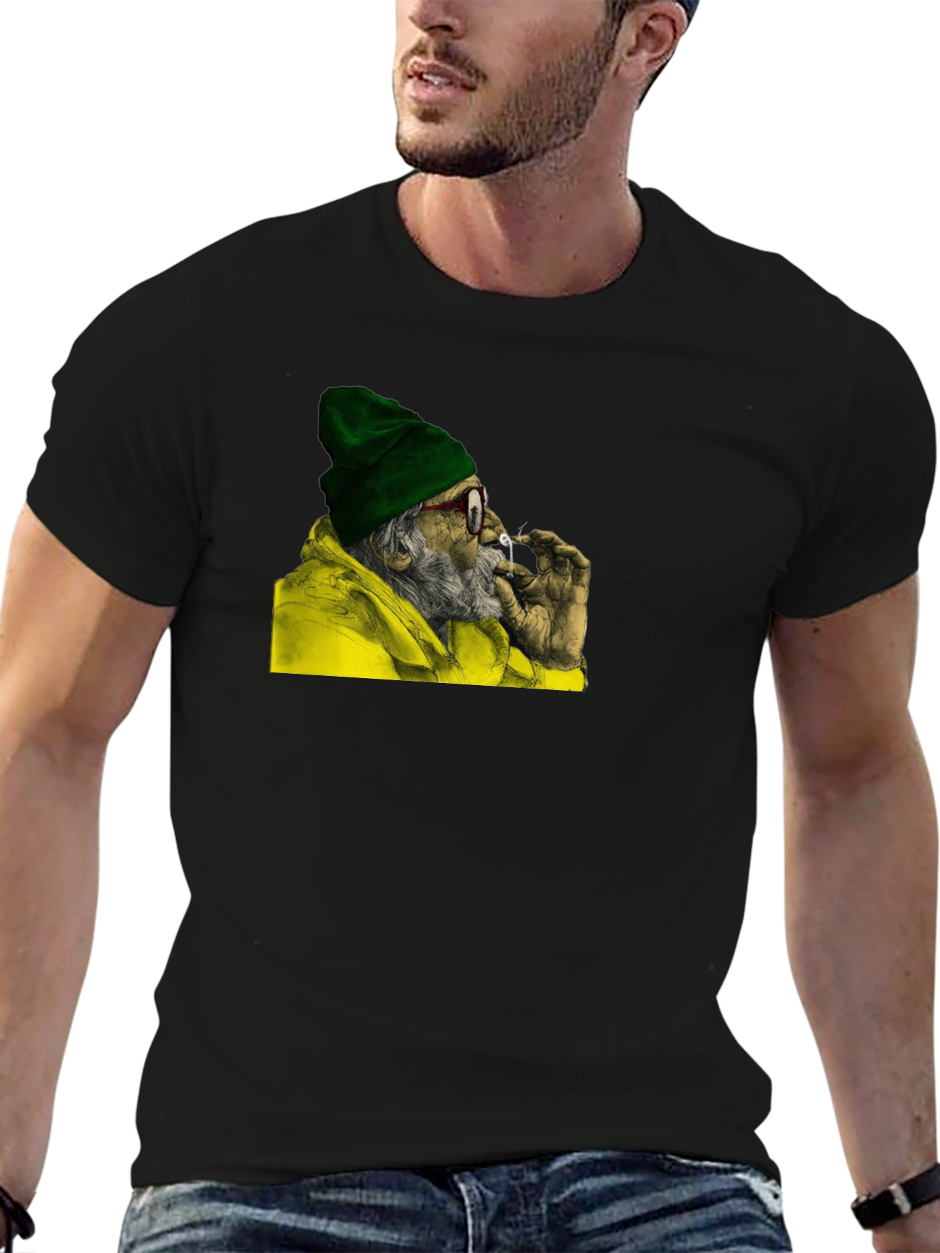Cool Old Man Smoking Graphic Black T-Shirt